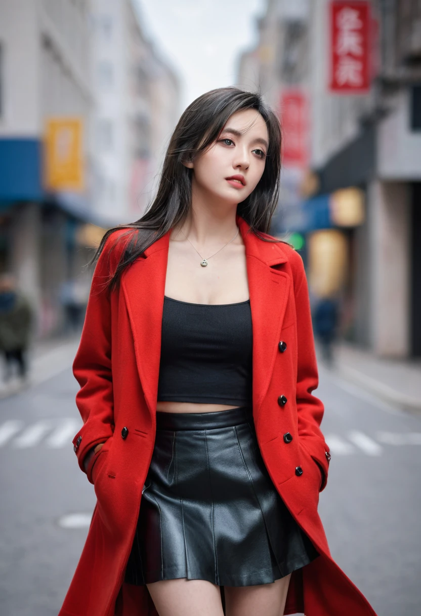 highres,masterpiece,best quality,extremely detailed,nsfw,1girl,city, street,arms behind back, black skirt, red coat, eye focus,