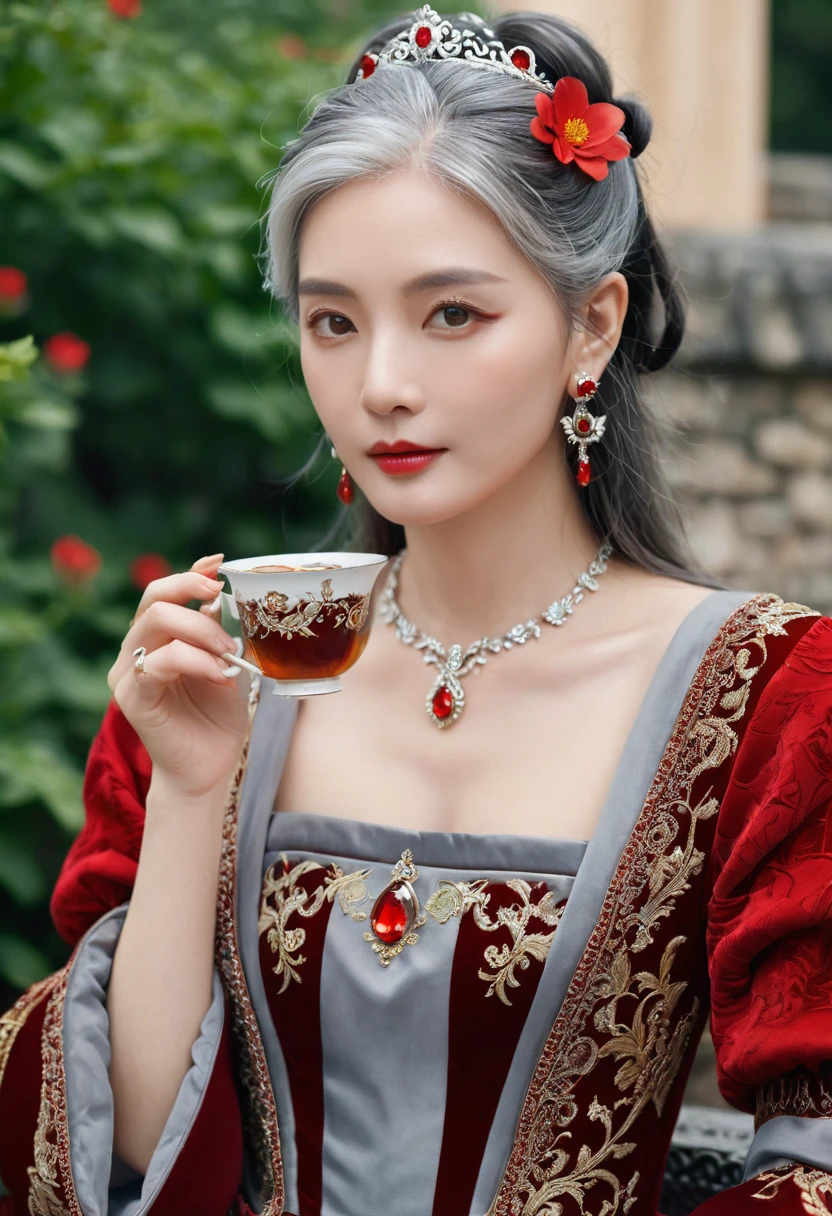 Gray Hair Woman, Gray Eyes, Royalty, Red Dress, Red Jewelry, Red Earrings, Lunar, Nobility, Noblewoman, High Quality, Highly Detailed, Detailed Face, Masterpiece, Castle, Drinking Tea, Garden, Flowers, Lights