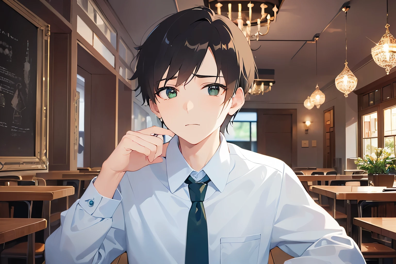upper body、shiny skin、masterpiece、Highest quality、(25-year-old male:1.5) and (Brown short hair) and (Green Eyes), (Wearing a suit:1.3) and (Blue tie)、Sitting、(sad:1.5)、The background is the interior of a restaurant at night.、(Alone:1.5)、