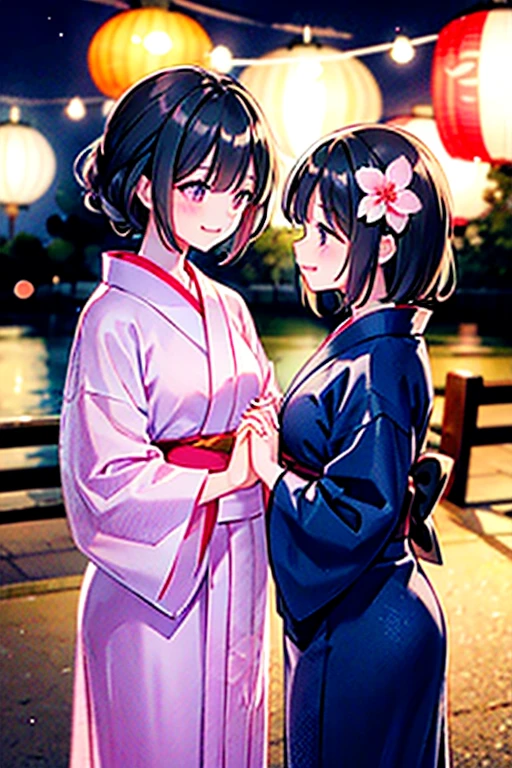 浴衣を着た大人のmalefemaleのカップル,laughing,A very happy smile,romantic,美しい場所で愛し合う会うmalefemaleの二人,Tanabata,Black Hair_male,Black yukata_male,Straight Hair_male,Dark Chestnut Hair_female,Pale pink yukata_female,Floral Yukata_female,Flower Hair Ornaments_female,Beautiful views,Two people holding hands,Walking,Summer festival,night