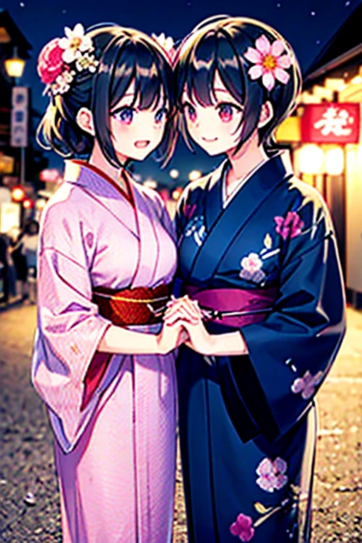 浴衣を着た大人のmalefemaleのカップル,laughing,A very happy smile,romantic,美しい場所で愛し合う会うmalefemaleの二人,Tanabata,Black Hair_male,Black yukata_male,Straight Hair_male,Dark Chestnut Hair_female,Pale pink yukata_female,Floral Yukata_female,Flower Hair Ornaments_female,Beautiful views,Two people holding hands,Walking,Summer festival,night