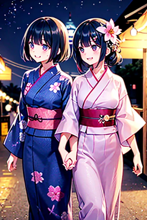 浴衣を着た大人のmalefemaleのカップル,laughing,A very happy smile,romantic,美しい場所で愛し合う会うmalefemaleの二人,Tanabata,Black Hair_male,Black yukata_male,Straight Hair_male,Dark Chestnut Hair_female,Pale pink yukata_female,Floral Yukata_female,Flower Hair Ornaments_female,Beautiful views,Two people holding hands,Walking,Summer festival,night