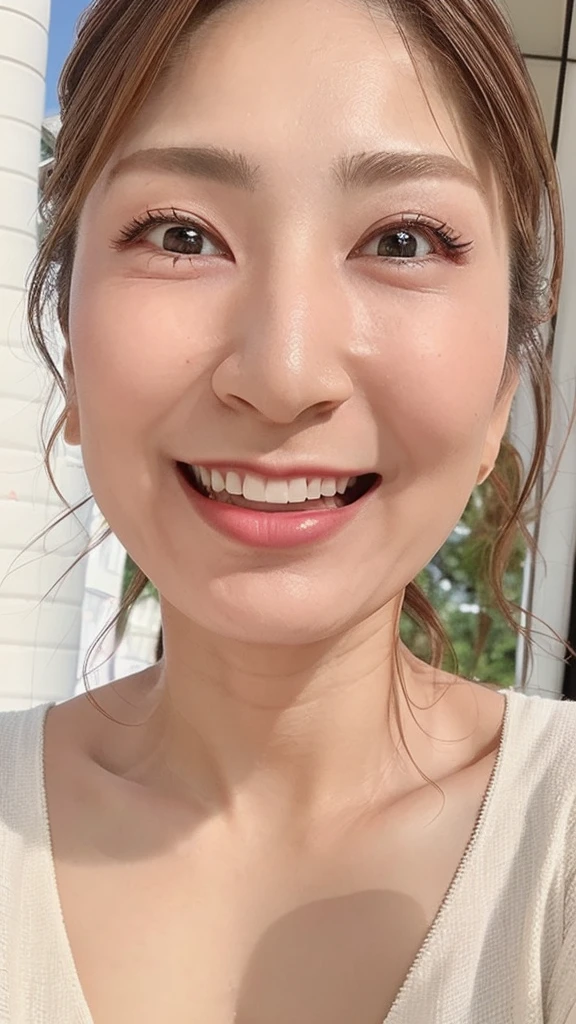 ((Highest quality)), ((8K)), ((masterpiece: 1.3)), (Perfect appearance), (Photorealism: 1.6), (AYN), (Japanese mature woman standing), (In front of the church), (sunny), Japanese women, (48 years old), (Natural light), ((Stand upright, Look forward, Center of screen)), ((Realistic skin texture)), (Fine wrinkles appear all over the skin: 1.3), (Dullness: 1.1), (Unmoisturized skin: 1.2) , (Facial wrinkles: 0.9), (Wrinkles around the eyes: 1.2), double eyelid, Lower eyelid tear trough, The eyes are looking here, Serious look, (Dimples: 1.2), Laugh with the corners of your mouth wide open, (Completely naked), (Veil), High heels, (whole body), (Gaze from under your feet),