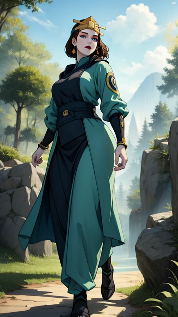 (masterpiece, best quality, high resolution: 1.4), 1 girl, dinamic pose, fully clothed body, modesty, front, tall woman, (masterpiece), (best quality), (ultra high resolution), 1 girl ,rocks, trees, plants, brown hair, blue eyes, kyoshi warrior, makeup, lipstick, headband, green suit, smile, look at viewer, masterpiece, best quality, high quality, extremely detailed CG unity 8k wallpaper, digital illustration, trends, pastel colors, perfect fingers, perfect full body, extremely detailed.