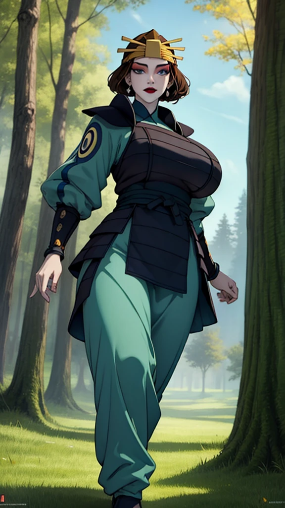 (masterpiece, best quality, high resolution: 1.4), 1 girl, dinamic pose, fully clothed body, modesty, front, tall woman, (masterpiece), (best quality), (ultra high resolution), 1 girl ,rocks, trees, plants, brown hair, blue eyes, kyoshi warrior, makeup, lipstick, headband, green suit, smile, look at viewer, masterpiece, best quality, high quality, extremely detailed CG unity 8k wallpaper, digital illustration, trends, pastel colors, perfect fingers, perfect full body, extremely detailed.