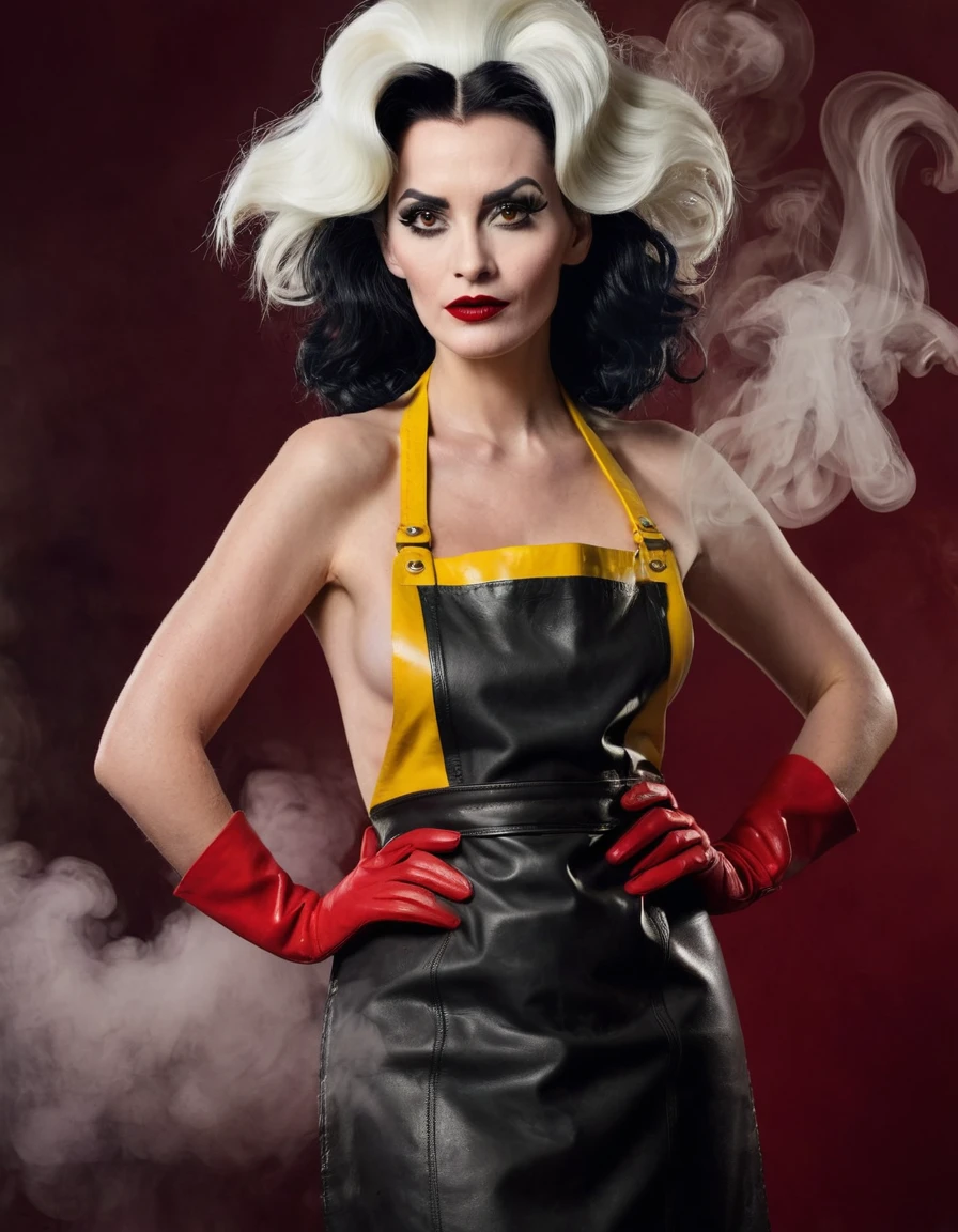 Cruella. A very magnificent hairstyle. A naked model in a long leather butcher's apron. Hands in yellow gloves on hips. An elegant pose. Red, thick smoke in the background.