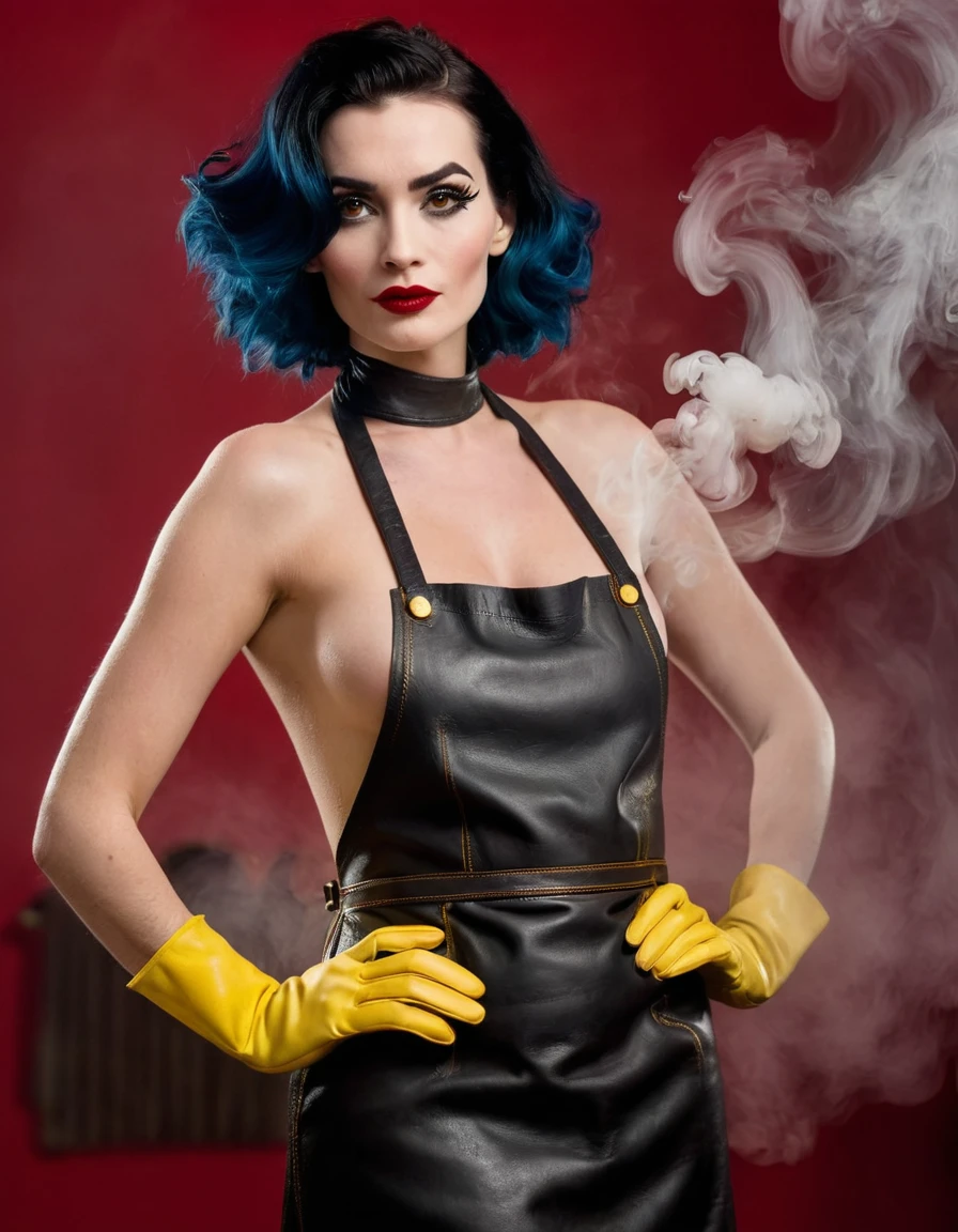 Cruella. A very magnificent hairstyle. A naked model in a long leather butcher's apron. Hands in yellow gloves on hips. An elegant pose. Red, thick smoke in the background.