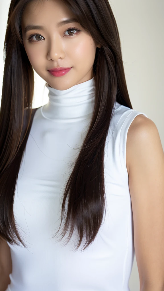 vivid,White furniture,(Detailed face),chest,cute,Sleeveless and(turtleneck)White silky clothes,4K,Ultra-high resolution,(Photorealistic:1.7),Black long hair,