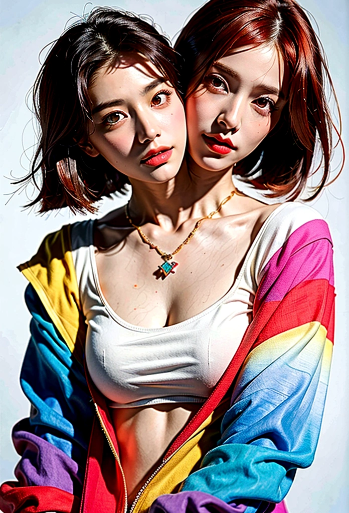 (Highest quality, 8K, 32k, masterpiece, Ultra-high resolution:1.2),Beautiful Japanese Women Photos, Rainbow clothes、Rainbow hoodie、Large Breasts, Very short bob hair,Red hair, necklace, Simple Background, From above, View your viewers,Red Hair、White background、Colorful clothing