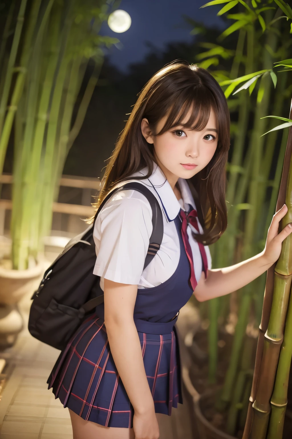 Masterpiece, Beautiful high school girl,Standing in the bamboo wood, (Japanese idle:1.4), brown hair, Plump breast, Blushed face, From below, (school uniform), Full moon night, (milkeyway:1.3), Tanabata Festival paper strips