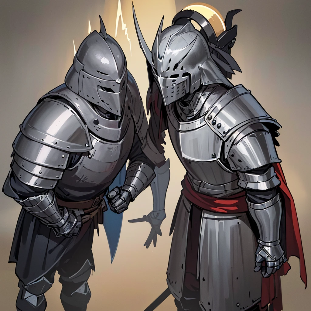 Best illustrations、Best Quality、((behindから、behind姿、behind)))、(Full body character concept、detailed)、(Iron Mask、Iron Helmet、pocket)、(((Medieval Knight、Simple grey armor、male、Age 25)))、(((Get Ready)))、(Medieval Knightが10人)