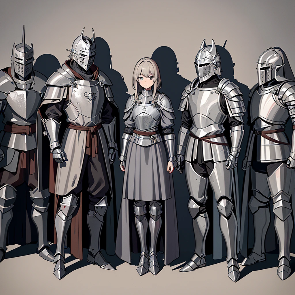 Best illustrations、Best Quality、((behindから、behind姿、behind)))、(Full body character concept、detailed)、(Iron Mask、Iron Helmet、pocket)、(((Medieval Knight、Simple grey armor、male、Age 25)))、(((Get Ready)))、(Medieval Knightが10人)