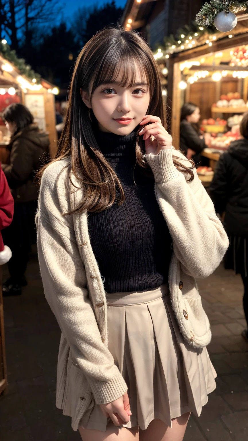 (8k,masterpiece, RAW photo,best quality:1.4),(photo realistic:1.2),(extremely detailed face),(shiny skin),(detailed skin),(detailed face),(extremely beautiful face),1girl,looking at viewer,Japanese idle(actress), brown hair,medium hair,straight hair,asymmetrical bangs,smile,glamor,large breasts, (Fleece jacket, turtleneck sweater, Pleated skirt:1.2), christmas market,high position,professional lighting