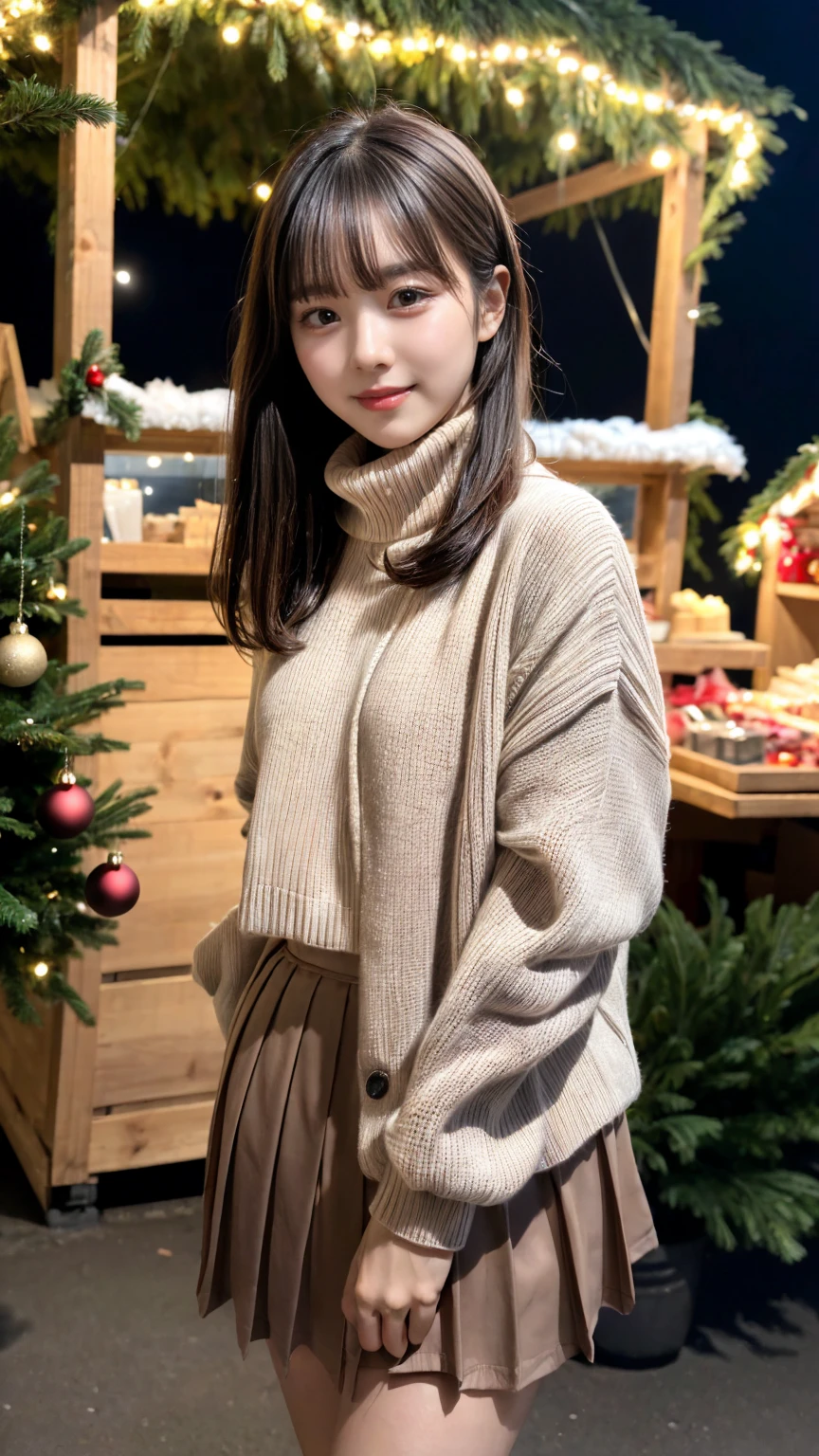 (8k,masterpiece, RAW photo,best quality:1.4),(photo realistic:1.2),(extremely detailed face),(shiny skin),(detailed skin),(detailed face),(extremely beautiful face),1girl,looking at viewer,Japanese idle(actress), brown hair,medium hair,straight hair,asymmetrical bangs,smile,glamor,large breasts, (Fleece jacket, turtleneck sweater, Pleated skirt:1.2), christmas market,high position,professional lighting