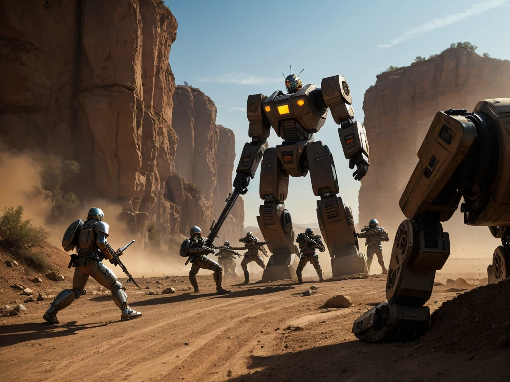 A futuristic battle scene: A squadron of sleek, high-tech infantry, clad in advanced armor and wielding cutting-edge weaponry, converges on a massive robot, its metallic body cracked and smoldering from previous attacks. The ground shakes as the soldiers deploy their unique abilities to disable the beast's defenses, while spotlights cast an eerie glow on the dusty terrain.