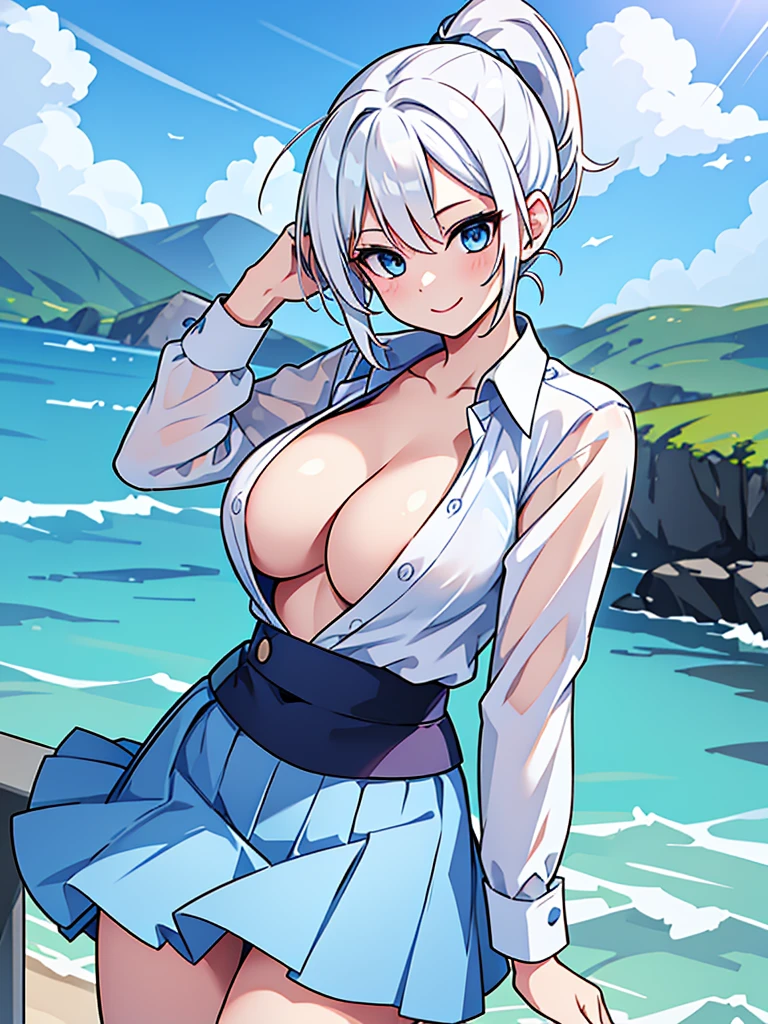 pretty,sexy,wind,unbuttoned,white hair,ponytail,blue clothes,Blue Eyes,Adult,busty,skirt,breasts visible,smiling face