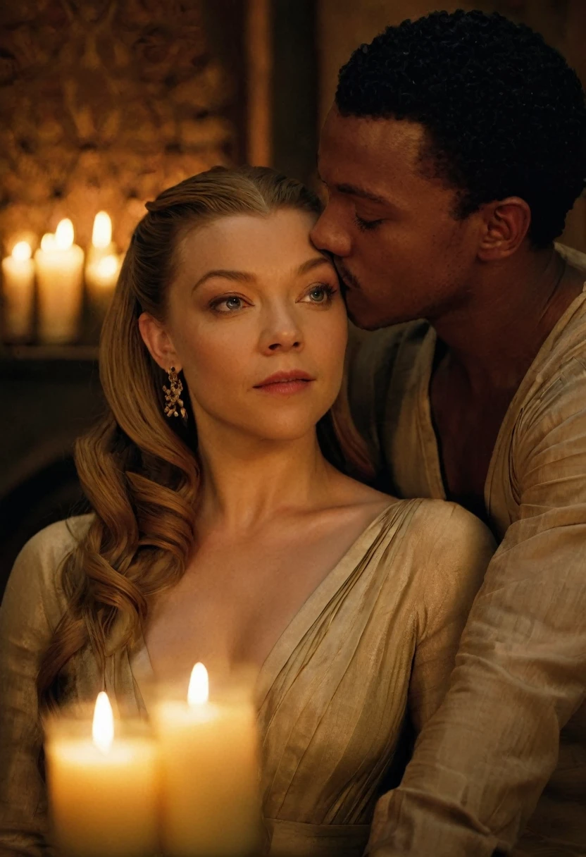 Natalie Dormer as Margaery Tyrell from "Game of Thrones" and a handsome African American male whose facial features are a combo of Jacob Anderson + J. August Richards + Yusuf Gatewood share a steamy kiss inside a Highgarden bedroom lit only by candlelight. Natalie has lovely makeup on her face. Westeros setting. Nighttime. Romantic ambiance. Symmetrical eyes. Symmetrical faces. Lovely details. Photorealistic. Full-colored photo. Professional photo. Highly detailed 8K.