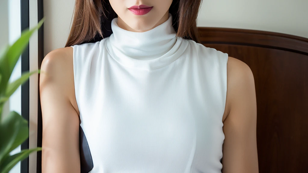 vivid,White furniture,(Detailed face),chest,cute,Sleeveless and(turtleneck)White silky clothes,4K,Ultra-high resolution,（Photorealistic：1.7）,Black long hair,