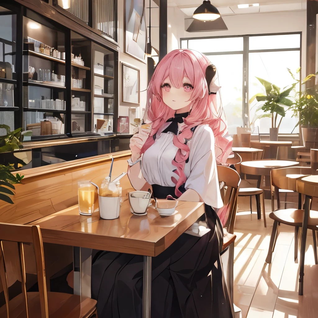 An anime-style illustration of ‘Fua-chan’ drinking lemonade at a cafe. Fua-chan has distinctive features: long pink hair styled in soft curls resembling sheep’s horns, and pink eyes. She is depicted sitting at a stylish cafe table, holding a glass of refreshing lemonade with a cheerful and relaxed expression. She is wearing fashionable, casual clothes suitable for a trendy cafe visit. The background shows a cozy and elegant cafe interior with modern decor, warm lighting, and other patrons enjoying their time, creating a vibrant and inviting atmosphere. long skirt