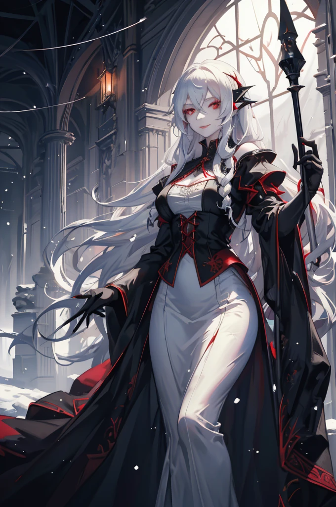 (very delicate, Masterpiece, Excellent lighting and shadows, HD wallpaper 8K), woman, Pale white skin, red eyes, The whites of the eyes are black, sharp eyes, Long hair with curls at the ends, snow white hair, evil smile, Shark Teeth, Wear medieval French clothing, Holding a parasol, amidst flames.