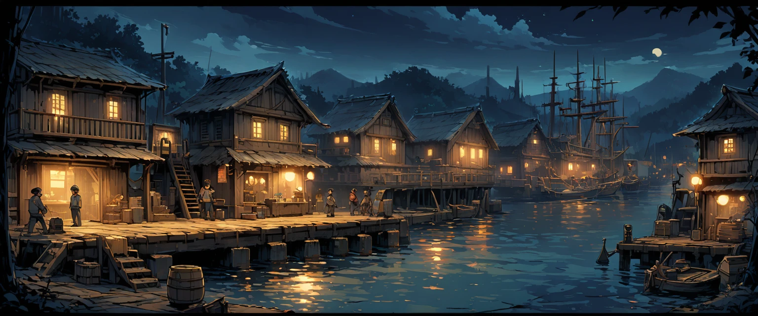 port,欧洲中世纪的port,Sailors and workers moving cargo at the dock,Wooden sailboats of all sizes are moored at the pier in the river.。night,Night view。Mid-ground composition,Panorama pictures,Scene screen,Game concept art style,Anime illustration style,HD,4K。