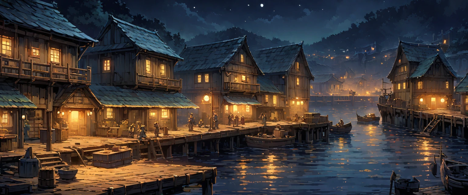 port,欧洲中世纪的port,Sailors and workers moving cargo at the dock,Wooden sailboats of all sizes are moored at the pier in the river.。night,Night view。Mid-ground composition,Panorama pictures,Scene screen,Game concept art style,Anime illustration style,HD,4K。