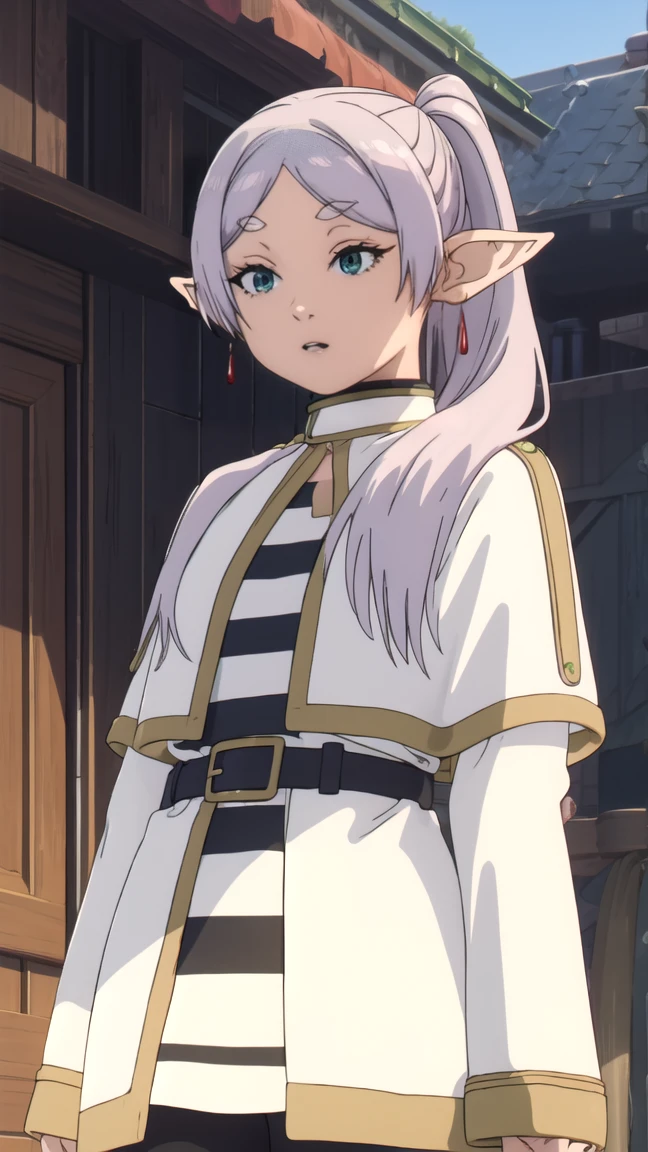 to freeze, to freeze, long hair, ponytail, (green eyes:1.5), White hair, pointed ears, elf, naked грудь, very sexy, naked грудь, naked, elastic, nude грудь, full length (full body 1.1.), nude, very sexy, naked, Sex pose, nude, Sex pose, close-up,
BREAK shirt, long sleeves, jewelry, Tights, earrings, striped, black Tights, lure, striped shirt,
BREAK looking at viewer, upper body, whole body,
BREAK outdoors, sky, nature,
BREAK (masterpiece:1.2), Best quality, A high resolution, unity 8k wallpaper, (illustration:0.8), (beautiful detailed eyes:1.6), very detailed face, perfect lighting, extremely detailed computer graphics, (perfect hands, Ideal Anatomy),