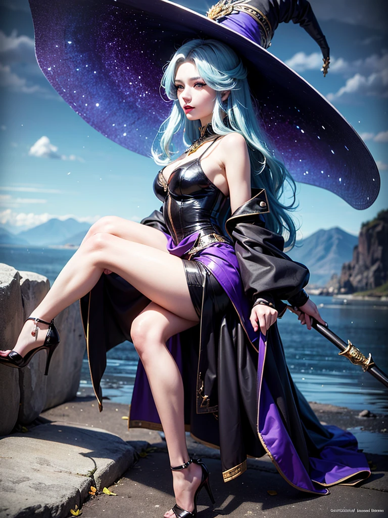 In the middle of so the storm on the stone field stand beatiful witch, she have a beautiful face with blue eyes shining purple lipstick and purple eye shadows, she have long blue hair with purple highlights, she dressed in black long coat short skirt high heels shoes and witch hat on her head , there is lighnings all around her, (ultra high quality fantasy art, anime fantasy style, masterpiece, ultra high quality character design, 8k quality anime art, realistic anime art, top quality wallpaper illustration, detailed ultra high quality accurate face, high quality design and accurate physic)
