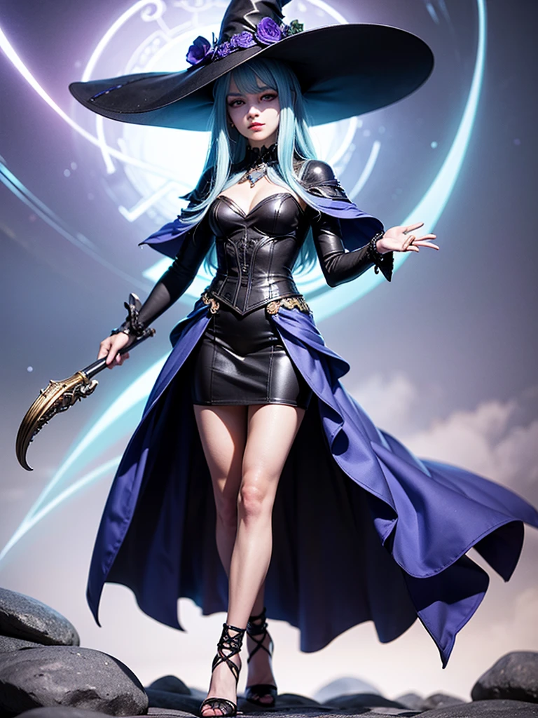 In the middle of so the storm on the stone field stand beatiful witch, she have a beautiful face with blue eyes shining purple lipstick and purple eye shadows, she have long blue hair with purple highlights, she dressed in black long coat short skirt high heels shoes and witch hat on her head , there is lighnings all around her, (ultra high quality fantasy art, anime fantasy style, masterpiece, ultra high quality character design, 8k quality anime art, realistic anime art, top quality wallpaper illustration, detailed ultra high quality accurate face, high quality design and accurate physic)
