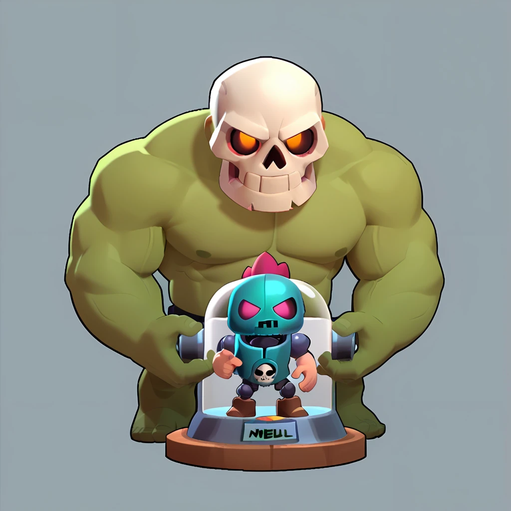 full body view of robot mixed with incubator, living skull in incubator, human skull, having muscular green arms, nuclear logo, brawl, brawl stars