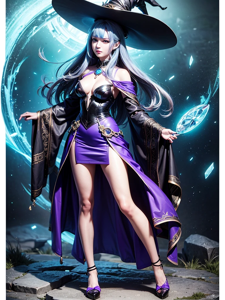 In the middle of so the storm on the stone field stand beatiful witch, she have a beautiful face with blue eyes shining purple lipstick and purple eye shadows, she have long blue hair with purple highlights, she dressed in black long coat short skirt high heels shoes and witch hat on her head , there is lighnings all around her, (ultra high quality fantasy art, anime fantasy style, masterpiece, ultra high quality character design, 8k quality anime art, realistic anime art, top quality wallpaper illustration, detailed ultra high quality accurate face, high quality design and accurate physic)