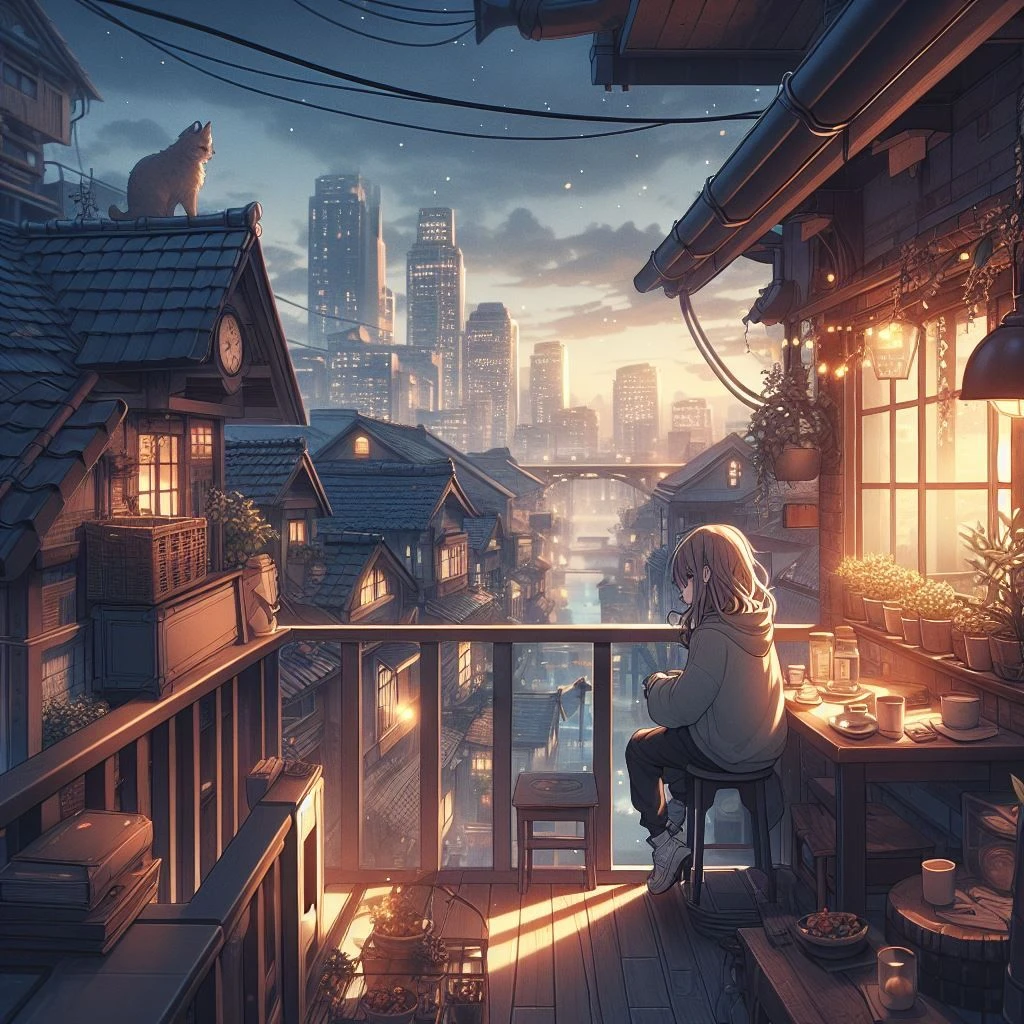 There's a boy sitting in the chair accompany the girl enjoying the view, make it blends with the picture