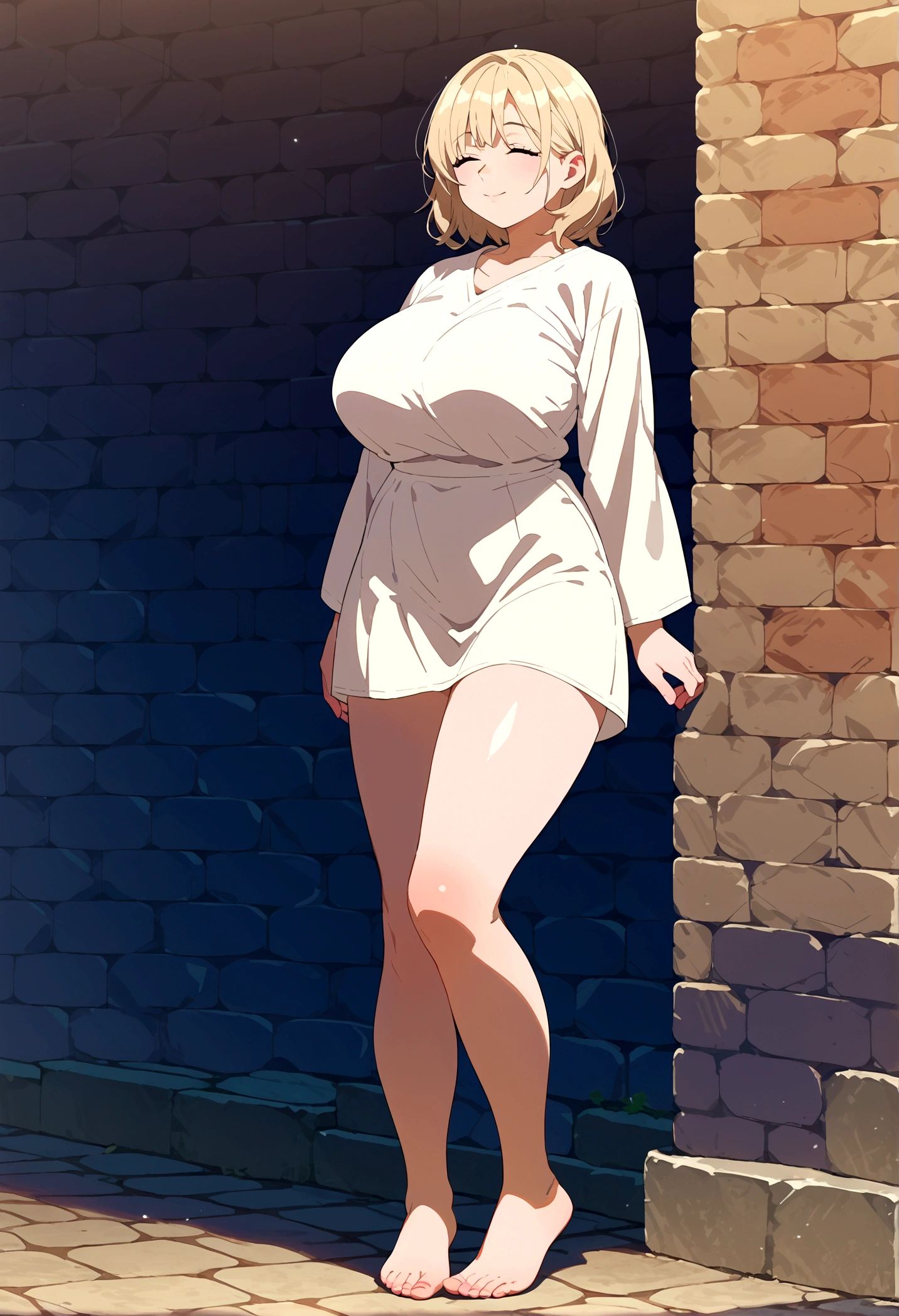 score_9, score_8_up, score_7_up, source_anime, intricate details, anime screencap, official style, 1girl, falin, closed eyes, medium hair, mature woman, big breasts, brick wall background, frontal view, full body, barefeet, bare thighs, big 