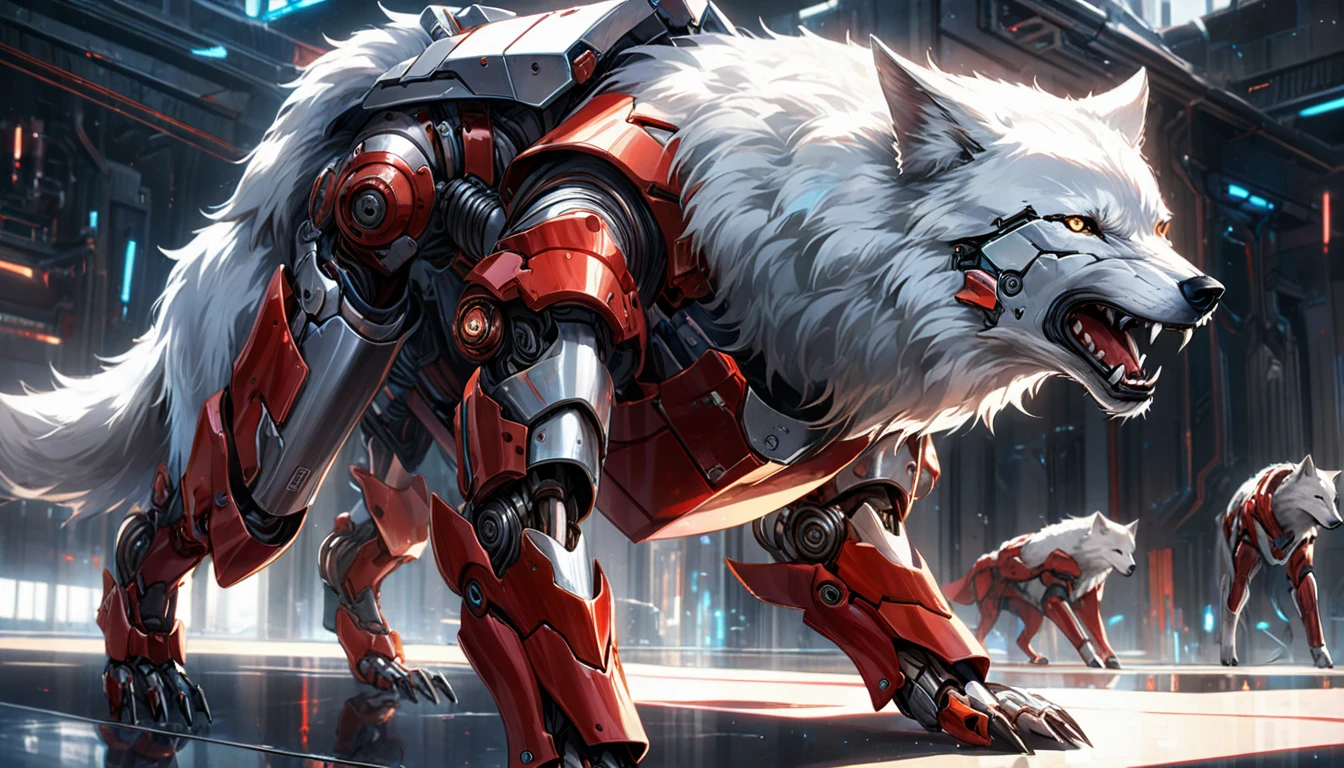 ((Masterpiece)), ((Best Quality)), (Very Detailed), ((Very Detailed)), 4K, (8K), very aesthetic, absurdres highres, A highly detailed and realistic illustration of a wolf wearing advanced red and silver mechanical armor. The armor should have intricate details, with visible joints, wires, and panels, giving a futuristic and robotic appearance. The wolf should have a majestic and fierce expression, with sharp, intense eyes. The fur should be a vibrant red with white highlights, seamlessly integrated with the armor. The mechanical armor should feature various shades of red with metallic silver accents, showing signs of wear and battle damage for added realism. The armor plates should have a glossy finish with subtle reflections and highlights. The wolf's posture should be strong and imposing, standing on all fours, ready to run, with its head held high. The wolf should display a natural and realistic movement, as if it understands the physiology and behavior of real wolves. The background should be plain and unobtrusive, possibly a simple gradient or solid color, to ensure all focus is on the character.