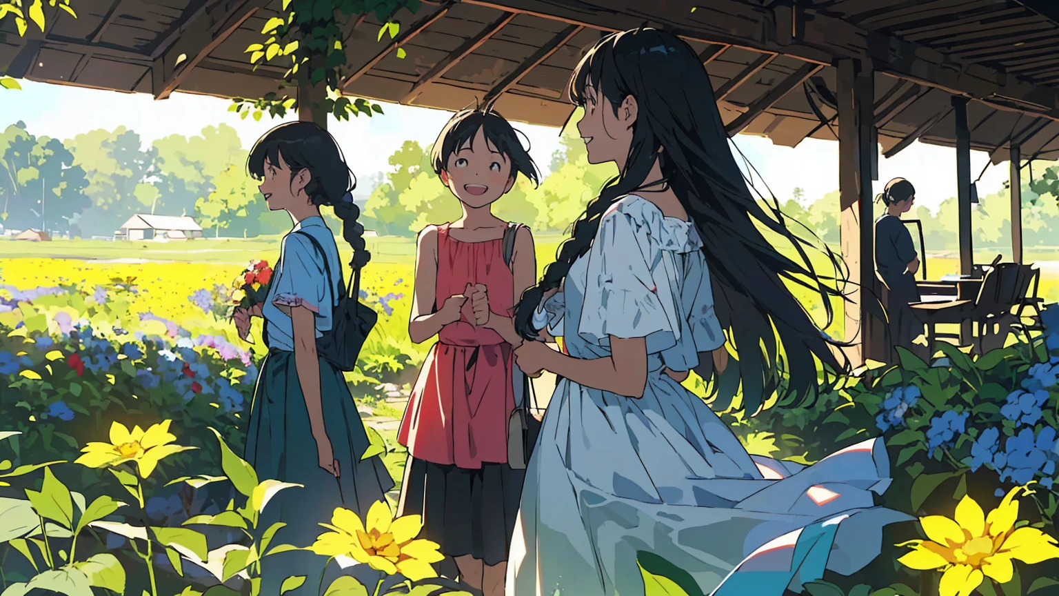 Reasonable design, Clear lines, High Sharpness, (Highest quality,8K,Perfect sharpness,Ultra fine,High resolution,masterpiece:1.2), Perfect Anatomy:1.5, Official Art, Illustrations that tell a story, (Whitish background:0. 9)、Body Positivity、多Mr.な身体表現、(Random and energetic poses)、Perfect beauty、Perfect beautiful face、Strong winds、A rich expression、Dynamic composition、smile、Golden ratio composition、colorful、((Mr.々Different angles and perspectives))、Anime Art、(Mini dress)、(Overcoming stereotypes)、 Glowing Skin、(Natural beauty)、smile、Bangs、(Soft and flowing hair)、(countryside)、(Nostalgic atmosphere)、Put it up to your thighs、(Playful and carefree)、(多Mr.な民族のキャラクター)、(innocent attitude)、(Sunny atmosphere)、(The skirt flutters wildly in the wind)、(Bright colors)、Beautiful Eyes、(Embarrassing)、Braided Hair、Summer Scene、Smiling among flowers、Side angle、