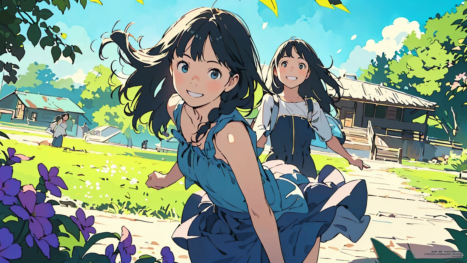 Reasonable design, Clear lines, High Sharpness, (Highest quality,8K,Perfect sharpness,Ultra fine,High resolution,masterpiece:1.2), Perfect Anatomy:1.5, Official Art, Illustrations that tell a story, (Whitish background:0. 9)、Body Positivity、多Mr.な身体表現、(Random and energetic poses)、Perfect beauty、Perfect beautiful face、Strong winds、A rich expression、Dynamic composition、smile、Golden ratio composition、colorful、((Mr.々Different angles and perspectives))、Anime Art、(Mini dress)、(Overcoming stereotypes)、 Glowing Skin、(Natural beauty)、smile、Bangs、(Soft and flowing hair)、(countryside)、(Nostalgic atmosphere)、Put it up to your thighs、(Playful and carefree)、(多Mr.な民族のキャラクター)、(innocent attitude)、(Sunny atmosphere)、(The skirt flutters wildly in the wind)、(Bright colors)、Beautiful Eyes、(Embarrassing)、Braided Hair、Summer Scene、Smiling among flowers、Side angle、