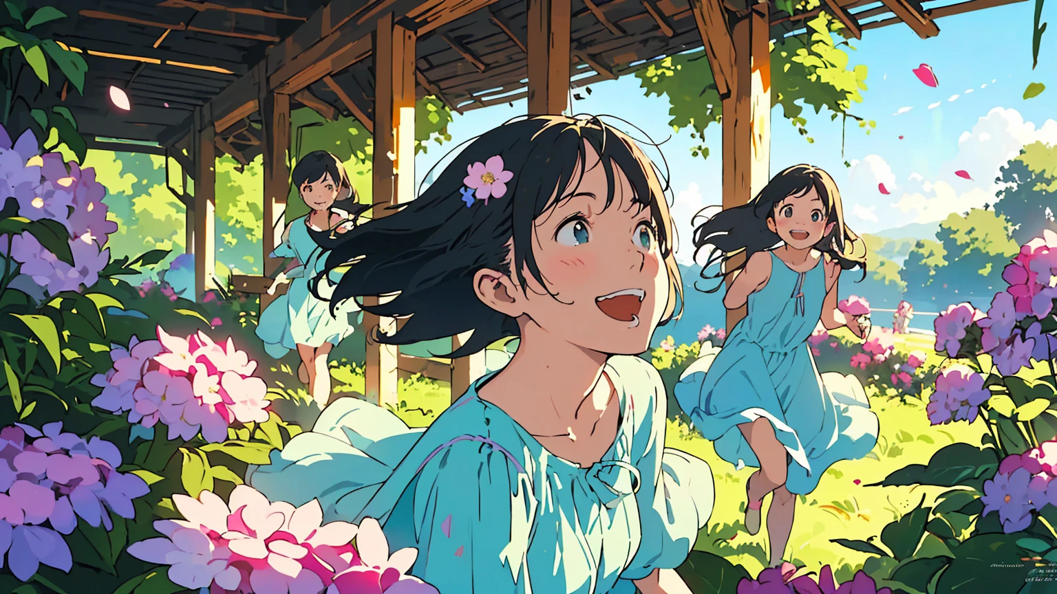 Reasonable design, Clear lines, High Sharpness, (Highest quality,8K,Perfect sharpness,Ultra fine,High resolution,masterpiece:1.2), Perfect Anatomy:1.5, Official Art, Illustrations that tell a story, (Whitish background:0. 9）、Body Positivity、多Mr.な身体表現、（Random and energetic poses）、Perfect beauty、Perfect beautiful face、Strong winds、A rich expression、Dynamic composition、smile、Golden ratio composition、colorful、（(Mr.々Different angles and perspectives)）、Anime Art、(Mini dress)、（Overcoming stereotypes）、 Glowing Skin、（Natural beauty）、smile、Bangs、（Soft and flowing hair）、（countryside）、（Nostalgic atmosphere）、Put it up to your thighs、（Playful and carefree）、（多Mr.な民族のキャラクター）、（innocent attitude）、（Sunny atmosphere）、(The skirt flutters wildly in the wind)、（Bright colors）、Beautiful Eyes、(Embarrassing)、Braided Hair、Summer Scene、Smiling among flowers、Side angle、
