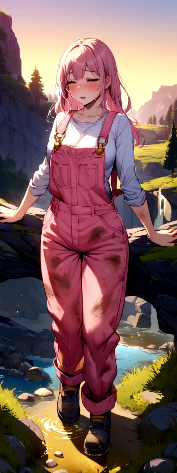 Girl wears her pink overalls. (pee in overalls) Her overalls is wet with yellow pee. (overalls is dirty with yellow pee)