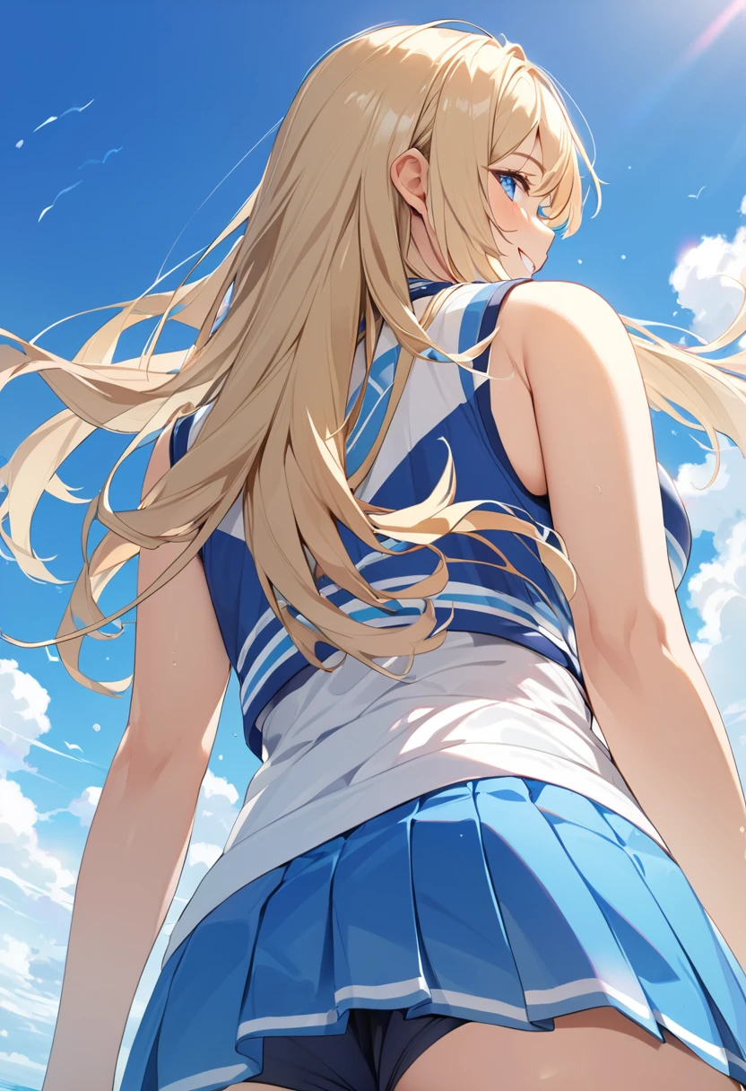 (Highest quality、Very detailed、Ultra-high resolution) 、(1 girl、、Mature), blue eyes、smile、((Blonde))、Semi-long hair、Beautiful breasts、blue sky、Cheerleader、from behind, from below