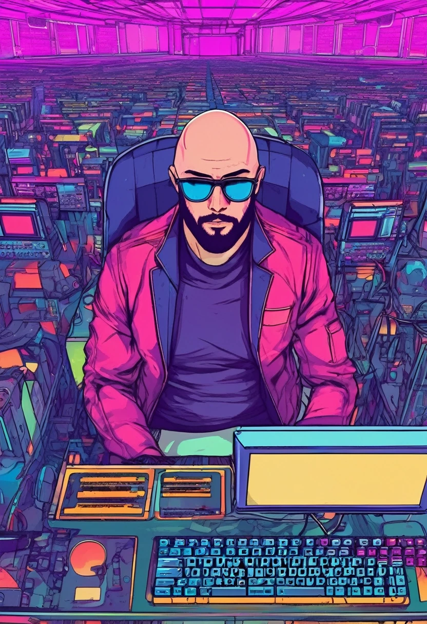 A bald guy, short beard, sunglasses, athletic body, in jacket, t - shirt, with a keyboard and monitor in front of you, he is tecking, sci fi environment, POV view.