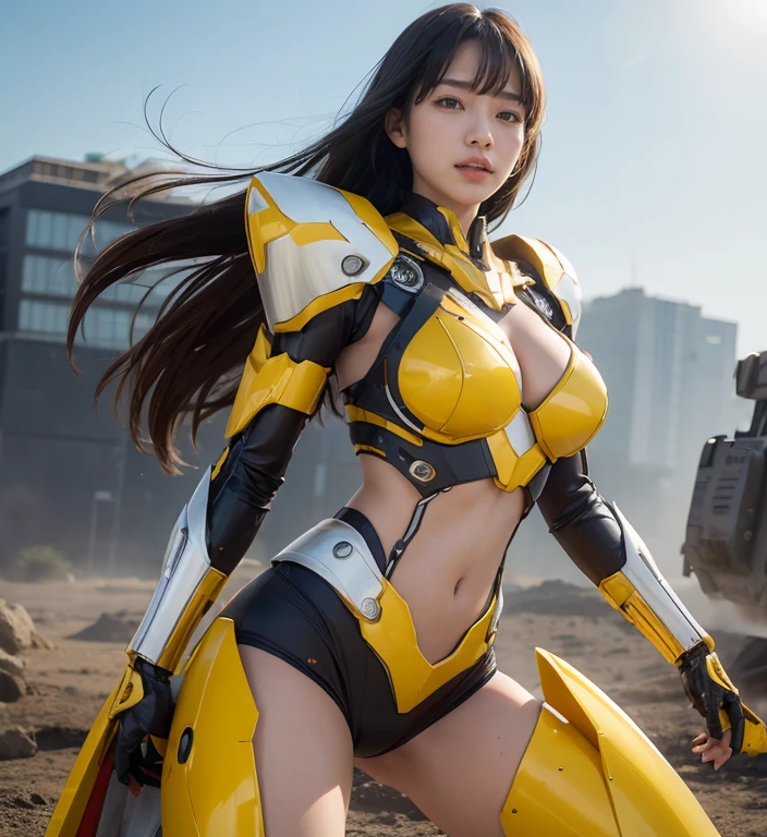 Textured skin, Super detailed, Attention to detail, high quality, 最high quality, High resolution, 1080P, , beautiful,(Super Heroine),Missile Guide,beautifulサイボーグ女性,Mecha Cyborg Girl,Battle Mode,Yellow Mecha Body Girl,She&#39;s a combat cyborg with weapons、Wearing combat mech,Full Body Shot