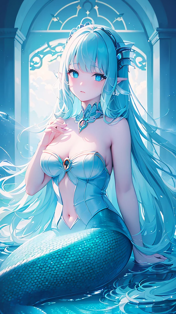 Name: Kanae Watanabe
Element: AQUASCEND
Description: A serene and enigmatic mermaid princess from the Depths of the Oceanic Realm. Kanae is known for her calming demeanor and her ability to manipulate the tides and currents. Her long, flowing aquamarine hair obscures her eyes, which shimmer with the reflected light of the deep sea.
Prompt: ((((Majestic mermaid princess, highest quality, ultrahigh resolution)))), 1girl, sitting, (long aquamarine hair), ((lowered eyes, covered by bangs:1.5)), beautiful and detailed mermaid face, (pale fish-like skin), ((glowing, shimmering eyes)), (((ultra detailed eyes:0.8, detailed mermaid scales, detailed face, detailed eyes:0.9))), (((centered, upper body:1.2))), underwater scene, three-quarters view, ((looking down at hands:0.6)), lively and shimmering eyes, soft, ethereal lighting, underwater, ((defined subject)), 300 years old, ((subtle, melancholic expression)), ((tranquil)), (((high contrast, vibrant colors)))