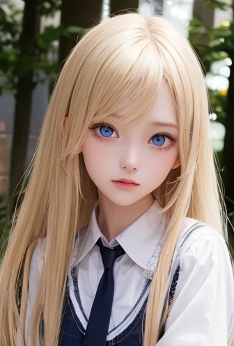 bright expression、photorealisim、top-quality、超A high resolution、a picture、Exquisitely beautiful Nordic girl photo、Detailed cute and beautiful face、(pureerosface_v1:0.008)、Beautiful bangs、alice in the wonderland、14years、Glowing white shiny skin、facial hairs、Bangs that extend to the face、bangss、Hair between the eyes、Super long hair、Attractive bright natural blonde super long straight silky hair、finer hair、Attractive glowing beautiful bright clear light blue big eyes、School Uniforms、student clothes、eye liner、Double eyelids、ample breasts