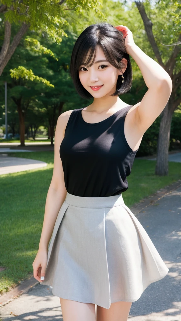 (8K, Photorealistic, Raw photo, Highest quality: 1.4),Japanese idol-style beautiful girl,1 person,18-year-old,(Short Bob),(Black Hair :1.1),She has her hair tucked behind her ears,Clear grey eyes,Long eyelashes,(piercings(small)),(Lip gloss),lips(Plump,glossy),thin long neck,(Sleeveless shirt(Linen fabric)),(flare skirt(Transparency)),pumps,Park Trails,Date with boyfriend,Smiling at the camera,Full body portrait