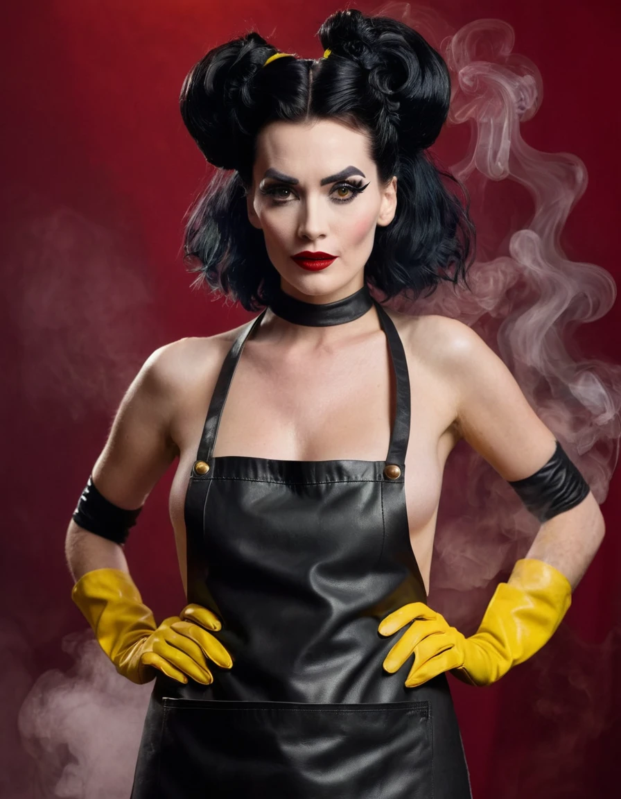 Cruella. A very magnificent hairstyle. A naked model in a long leather butcher's apron. Hands in yellow gloves on hips. An elegant pose. Red, thick smoke in the background.