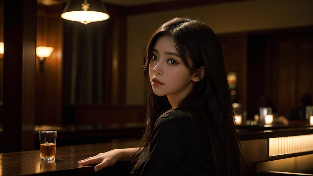(best quality, masterpiece: 1.1), (fidelity: 1.4), 1 girl, upper body, long hair, 5 star hotel, Jazz Bar, dark atmosphere, Subtle stand lighting,I'm drinking whiskey,piano, instrument,