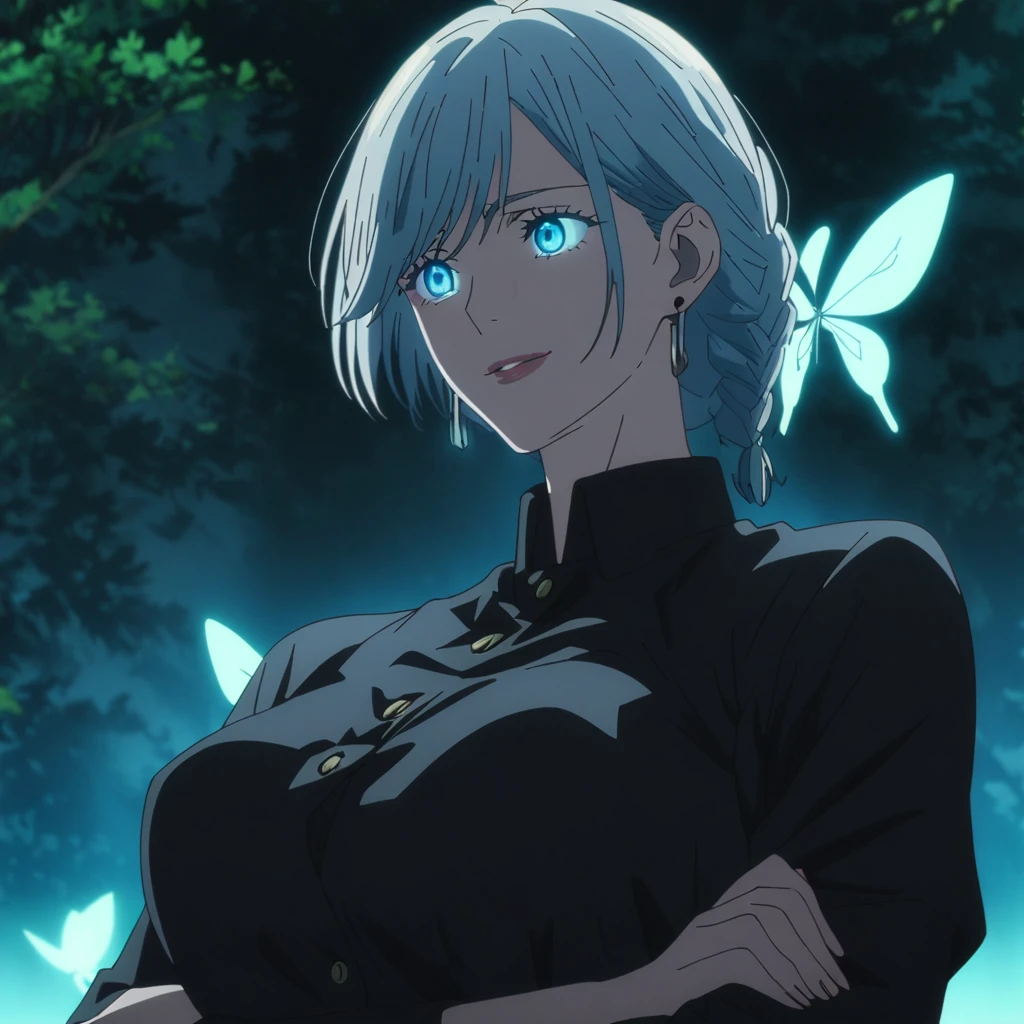 1girl, female gojo satoru, anime screencap from jujutsu kaisen, gojo satoru female version, solo, medium_hair, ((Blue universal eyes)) (( Silver_hair braid )), night view, (hanging breasts) upper_body, smile, forest background, glowing butter fly, book, Blue_eyes, lips, (swept bangs) ((wearing black colour outfit with button)) breast, "very detailed and high resolution" (Blue eyes) (cross arms) (( hair braid )) ((solo)) (front view) (earings) ((high resolution)) ((good quality)) ((swept bangs))