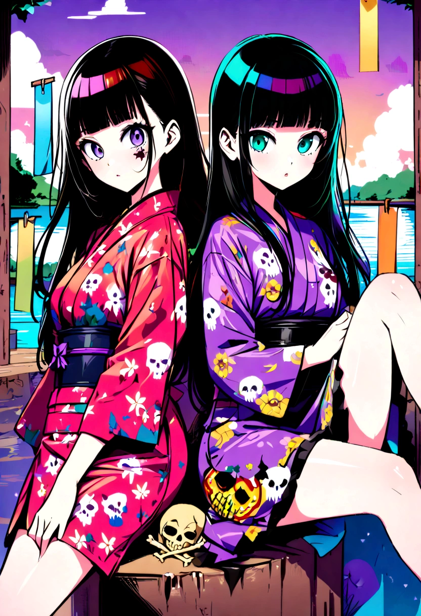 Black Hair、Black Feather、Gothic punk dress、Legs sticking out， Crossing your legs、anime zombie witch design, Crossbones, Streetwear Design, Provector, Horror Style, Full Design, Only 6 colors, Solid Colors, No Shadow, Full Design, Stickers, Bright colors, White Background.Ultra-fine illustrations,(((Beautiful fine hair))),(((Beautiful Faces))),(((Beautiful background))),(((Beautiful fine hair))),(((Beautiful Faces))),(((Beautiful background)))、Black Hair、Blunt bangs，Undershot,yukata,Tanabata,River side