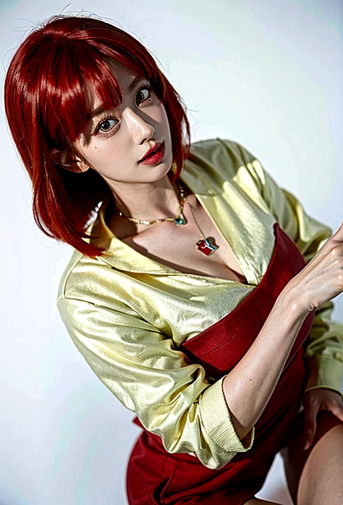 (Highest quality, 8K, 32k, masterpiece, Ultra-high resolution:1.2),Beautiful Japanese Women Photos, Rainbow clothes、Rainbow hoodie、Large Breasts, Very short bob hair,Red hair, necklace, Simple Background, From above, View your viewers,Red Hair、White background、peace sign、Pause