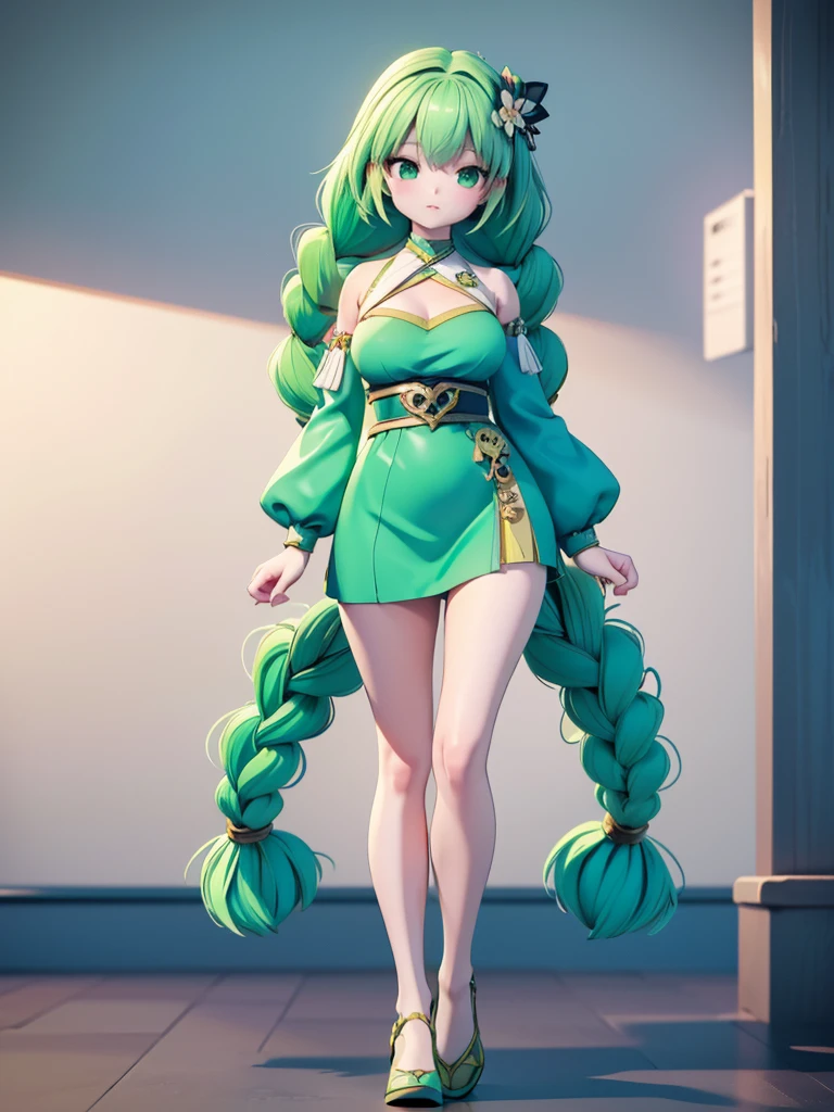 Seizo Watase style, Simple Line Initialism，Abstract art, 3d character, colorful hearts ,(((The most beautiful girl of all time))),  (full body 1.2), only girl, long hair, 20 year old, full body, (((8k))), (((3d)), light green hair, braiding